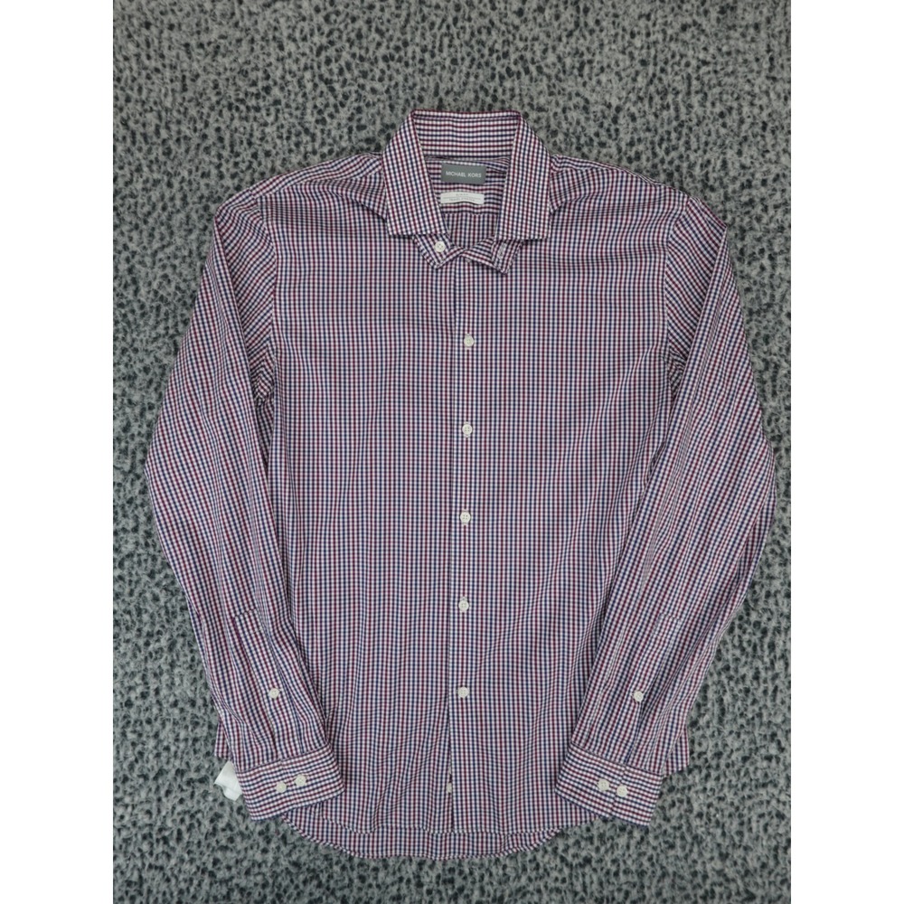 Michael Kors Slim Fit Travel Stretch Gingham Shirt Purple Blue Mens Medium‎
